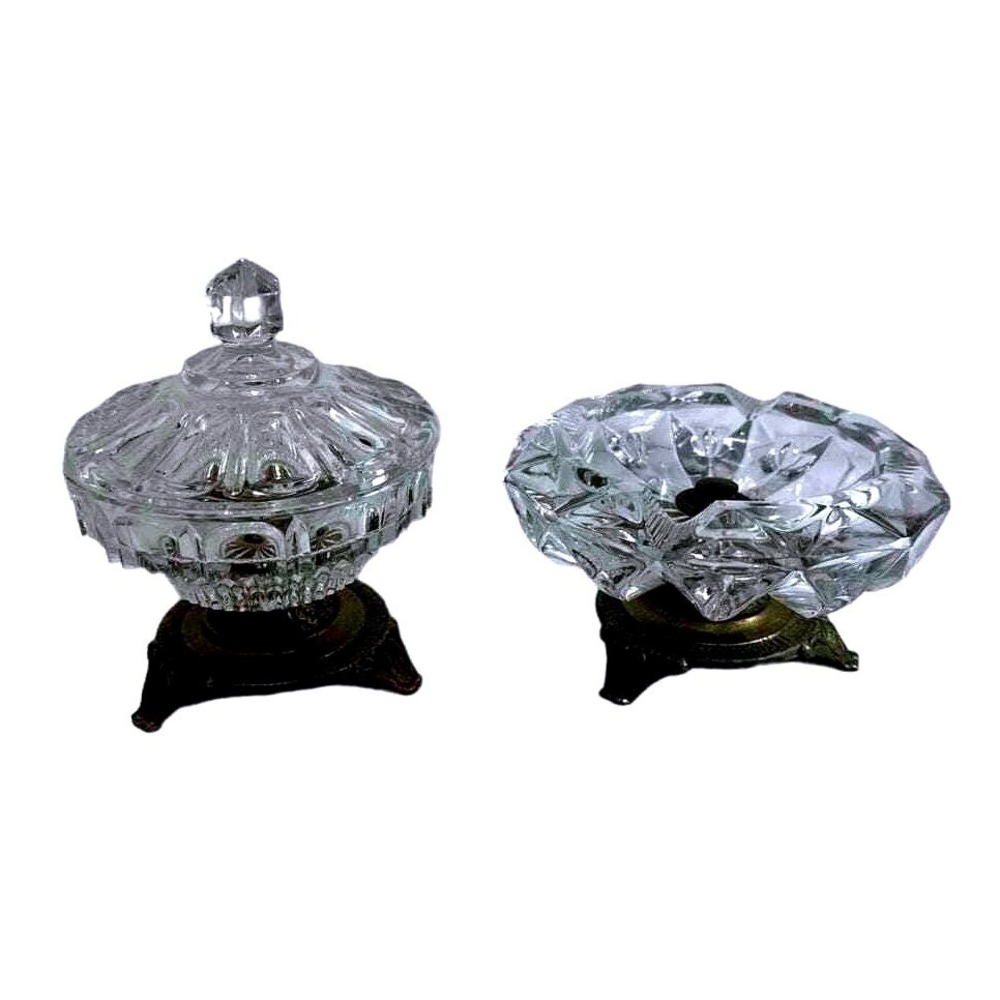 Vintage Crystal Glass Hobnail Door Knobs Ornate‎ Brass Base Set Of 2